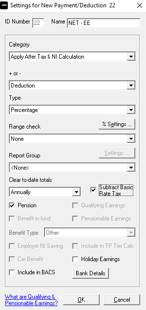 Settings for new payment/deduction screen fields